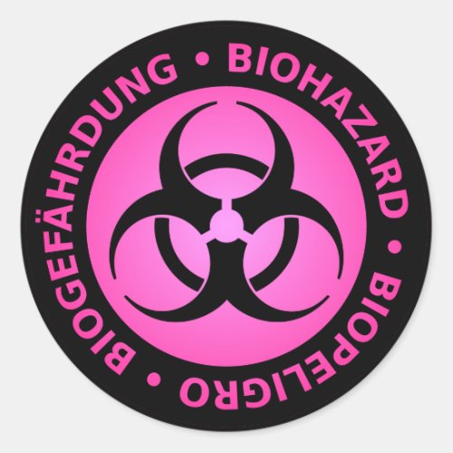 Pink Trilingual Biohazard Warning Sticker