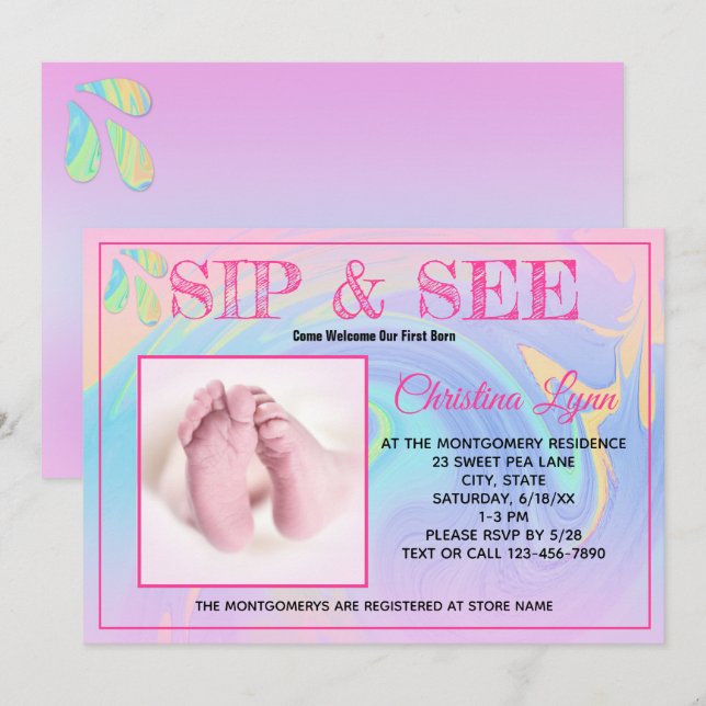 Pink Trim New Born Sip and See Custom Photo Invitation (Front/Back)