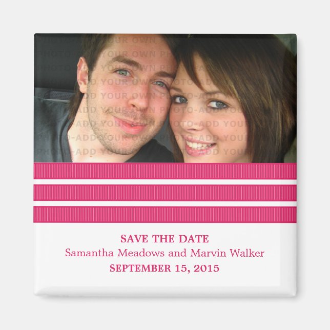Pink Triple Stripe Photo Save the Date Magnet (Front)