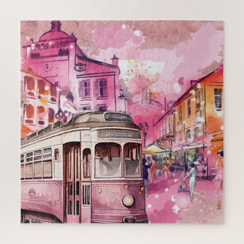 Pink Trolly Car Cityscape Illustration Jigsaw Puzzle