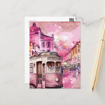 Pink Trolly Car Cityscape Illustration Postcard by Virginia5050 at Zazzle