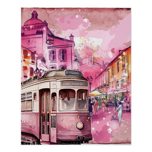 Pink Trolly Car Cityscape Illustration Poster