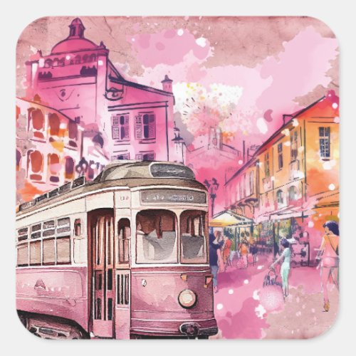Pink Trolly Car Cityscape Illustration Square Sticker