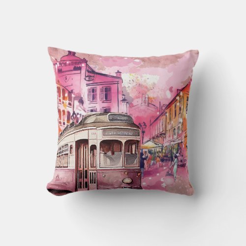 Pink Trolly Car Cityscape Illustration Throw Pillow
