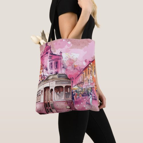 Pink Trolly Car Cityscape Illustration Tote Bag