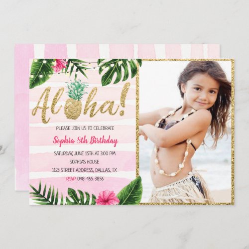 Pink Tropical Aloha Birthday Invitation With Photo