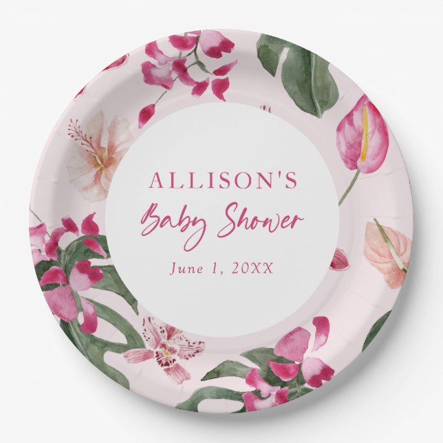 Pink Tropical Baby Paper Plates (Front)