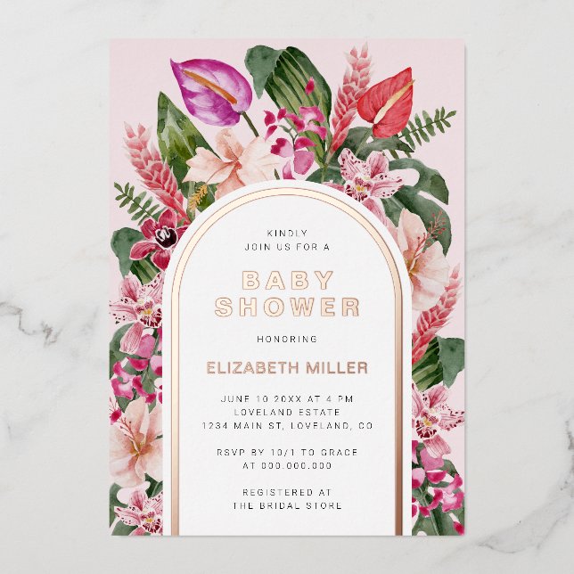 Pink Tropical Baby Shower Foil Invitation (Front)