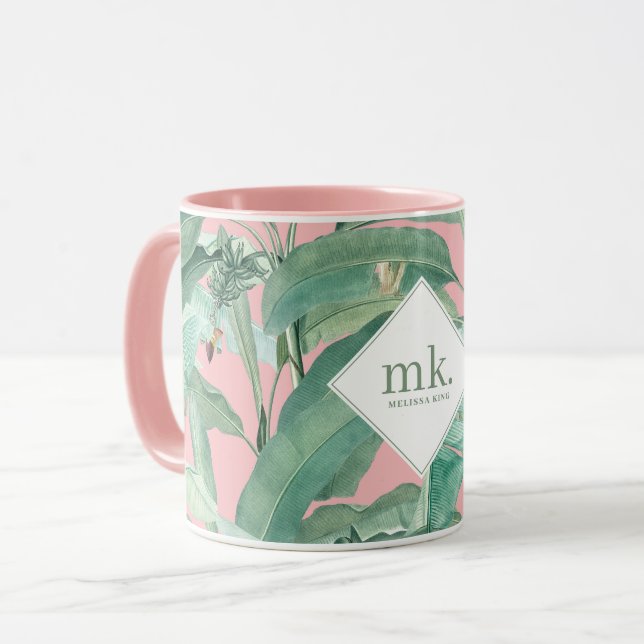 Pink Tropical Banana Leaves Monogrammed Mug (Front Left)