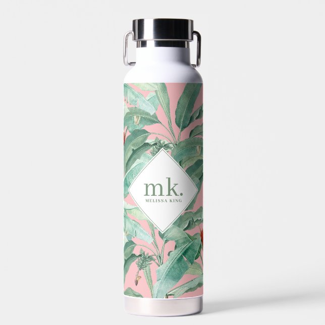 Pink Tropical Banana Leaves Monogrammed Water Bottle (Front)