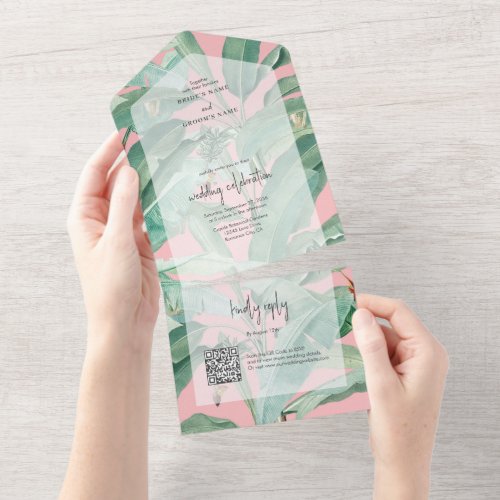 Pink Tropical Banana Palm Leaves Wedding All In One Invitation