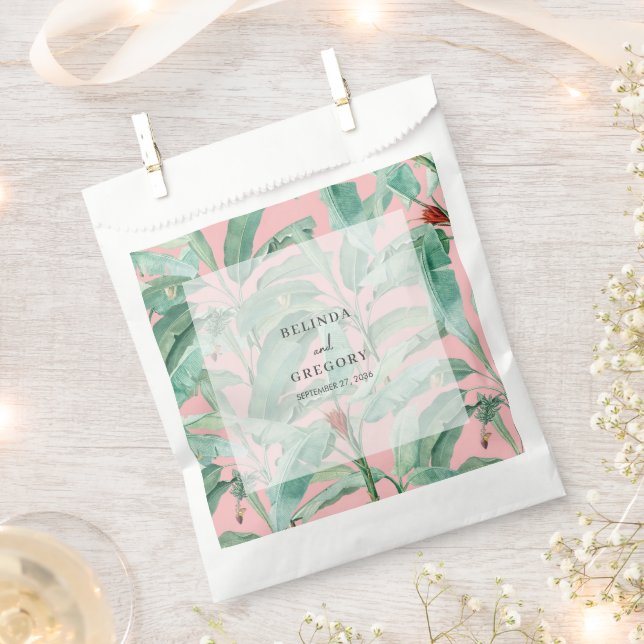 Pink Tropical Banana Palm Leaves Wedding Favor Bag (Clipped)