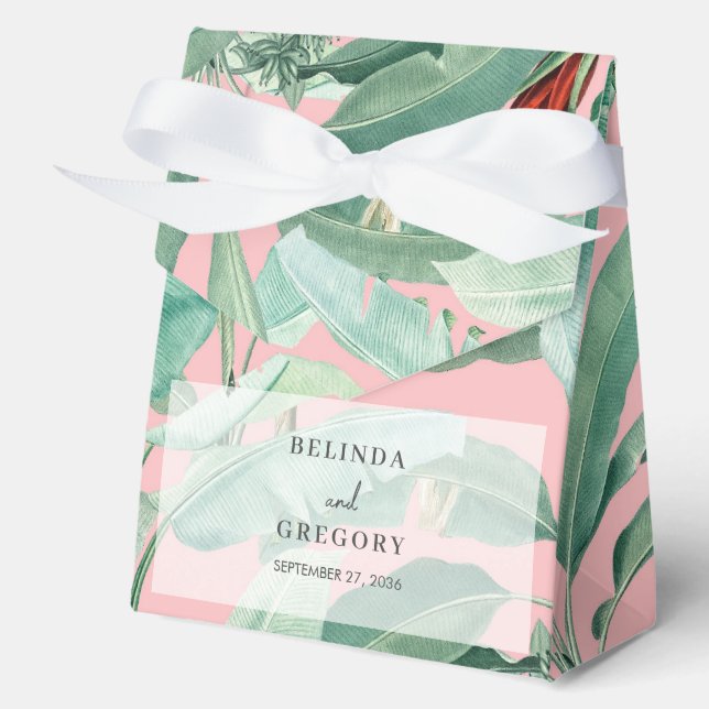Pink Tropical Banana Palm Leaves Wedding Favor Boxes (Front)