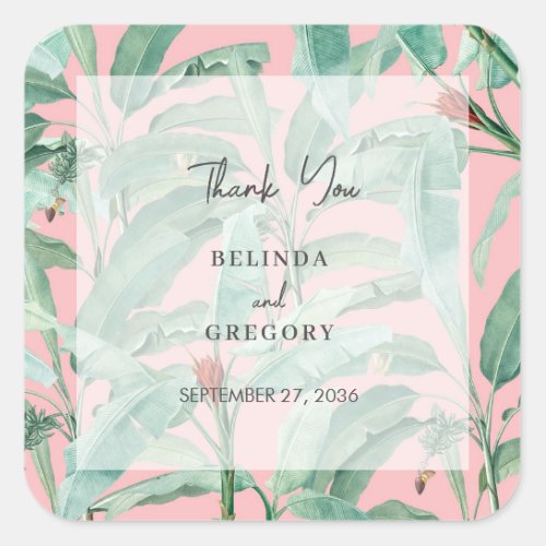 Pink Tropical Banana Palm Leaves Wedding Favor Square Sticker