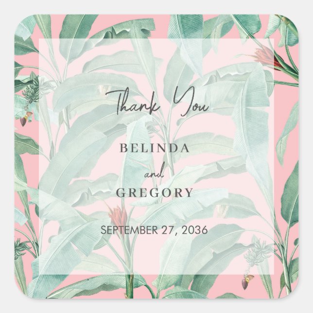 Pink Tropical Banana Palm Leaves Wedding Favor Square Sticker (Front)