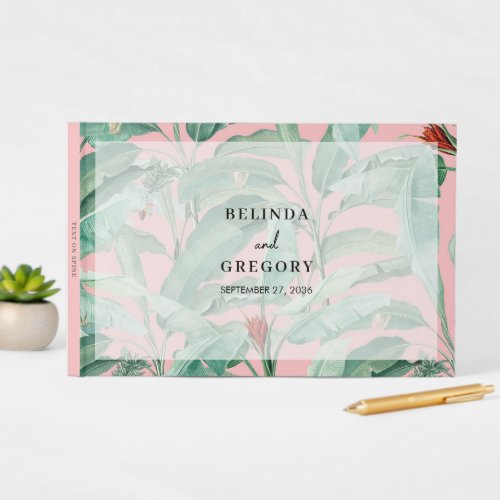 Pink Tropical Banana Palm Leaves Wedding  Guest Book