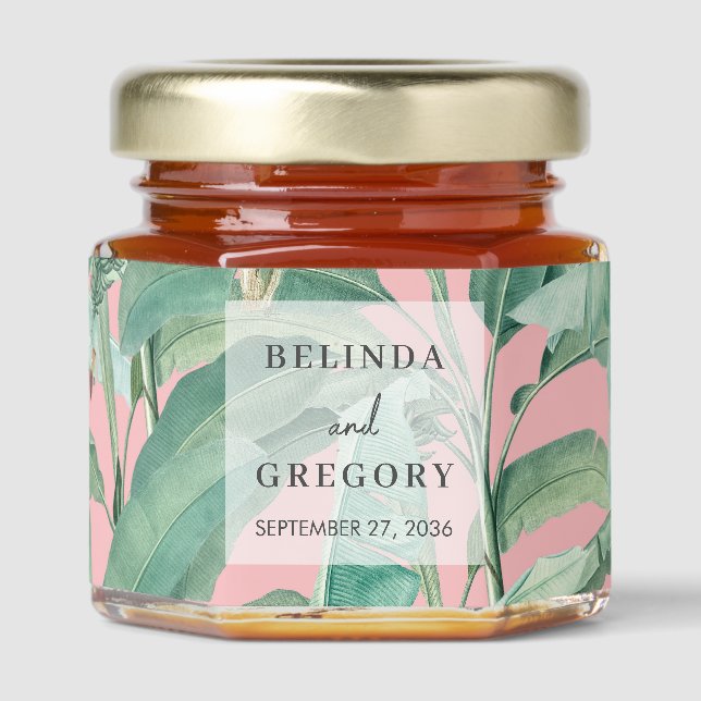Pink Tropical Banana Palm Leaves Wedding  Honey Jar Favors (Front)