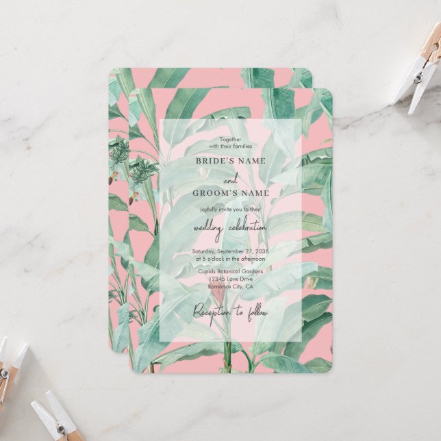 Pink Tropical Banana Palm Leaves Wedding Invitation (Front/Back In Situ)