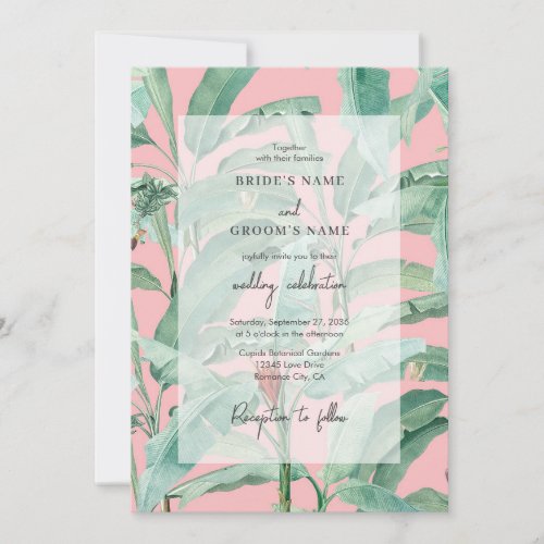 Pink Tropical Banana Palm Leaves Wedding Invitation