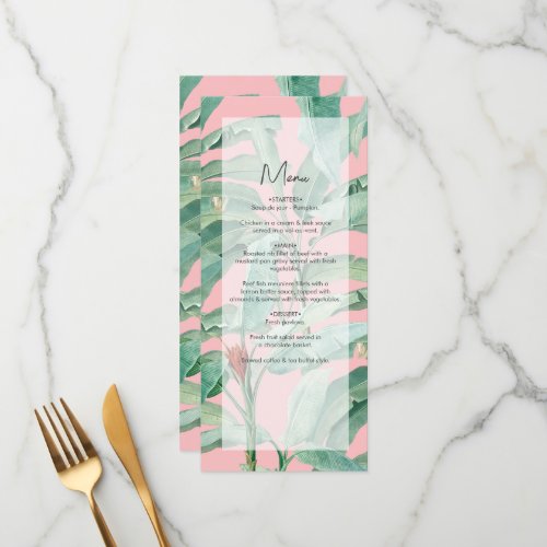 Pink Tropical Banana Palm Leaves Wedding Menu