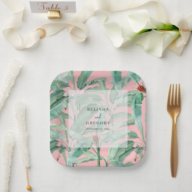 Pink Tropical Banana Palm Leaves Wedding  Paper Plates (Wedding)