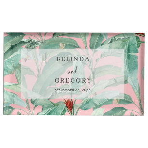 Pink Tropical Banana Palm Leaves Wedding  Place Card Holder