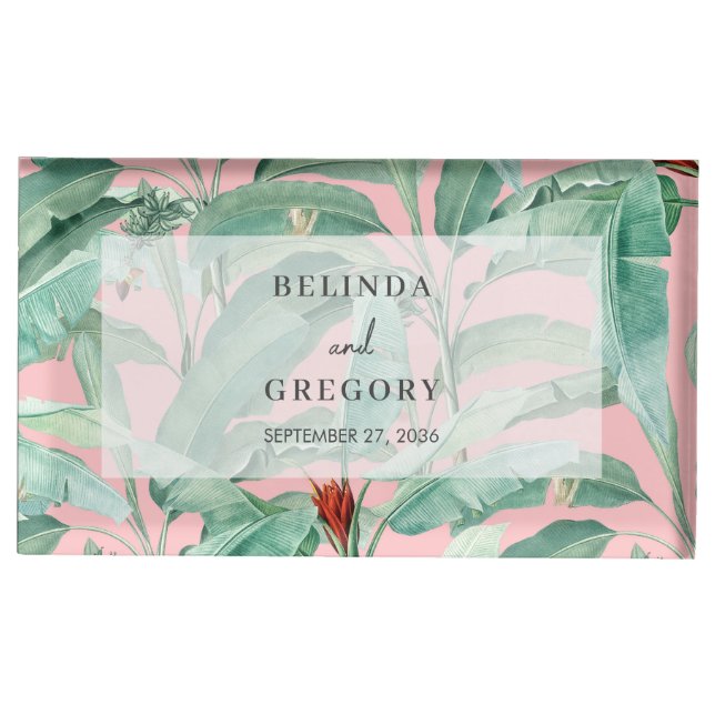 Pink Tropical Banana Palm Leaves Wedding  Place Card Holder (Front)