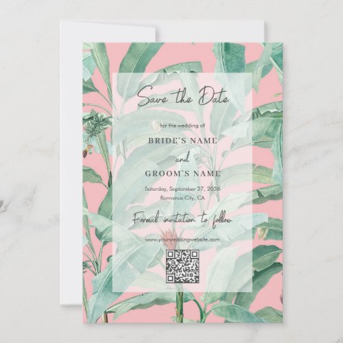 Pink Tropical Banana Palm Leaves Wedding QR Code Save The Date