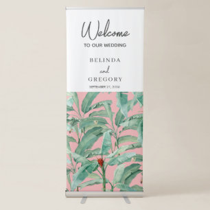 Pink Tropical Banana Palm Leaves Wedding Retractable Banner