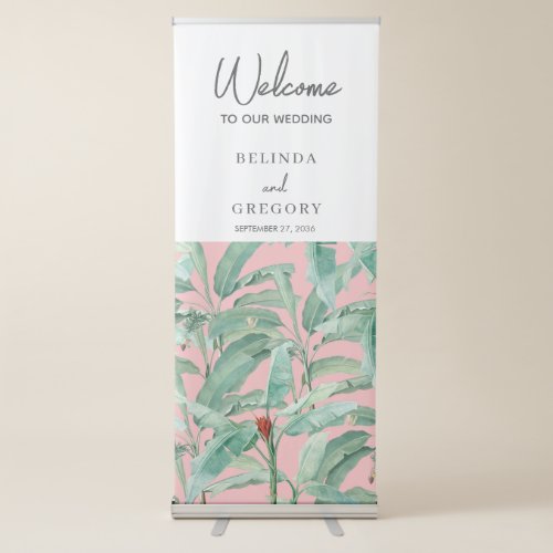 Pink Tropical Banana Palm Leaves Wedding Retractable Banner