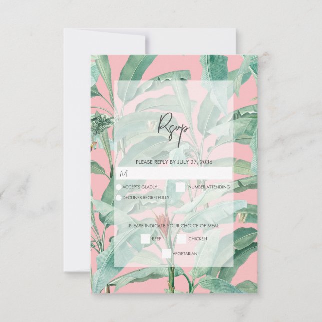 Pink Tropical Banana Palm Leaves Wedding RSVP Card (Front)