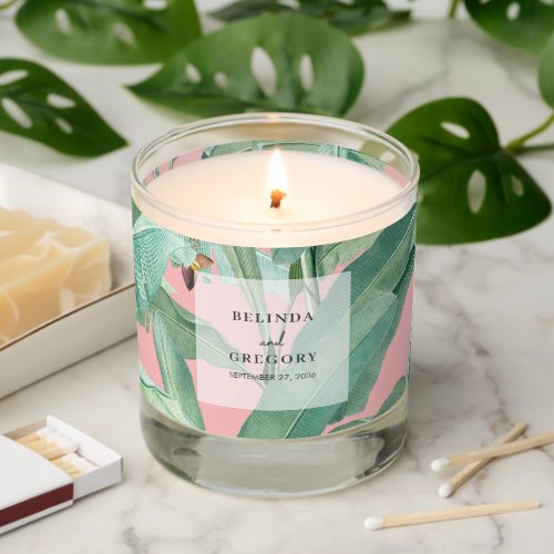 Pink Tropical Banana Palm Leaves Wedding  Scented Candle