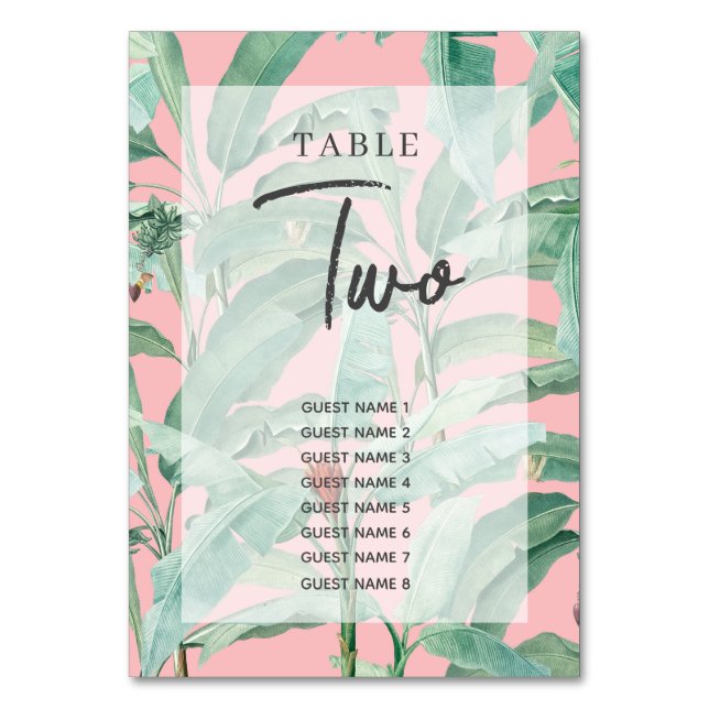 Pink Tropical Banana Palm Leaves Wedding Table Number (Front)