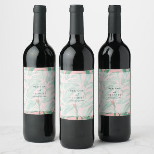 Pink Tropical Banana Palm Leaves Wedding Wine Label