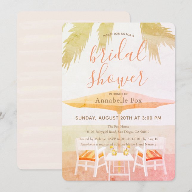 Pink Tropical Beach Chair Bridal Shower Invitation (Front/Back)