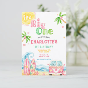 Pink Tropical Beach First Birthday Girl Party Invitation