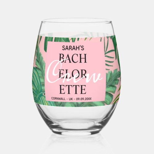 Pink Tropical Beach Palm Bridesmaids Bachelorette  Stemless Wine Glass