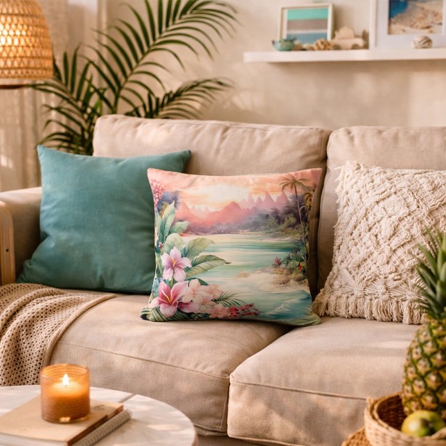 Pink Tropical Beach Throw Pillow (Creator Uploaded)