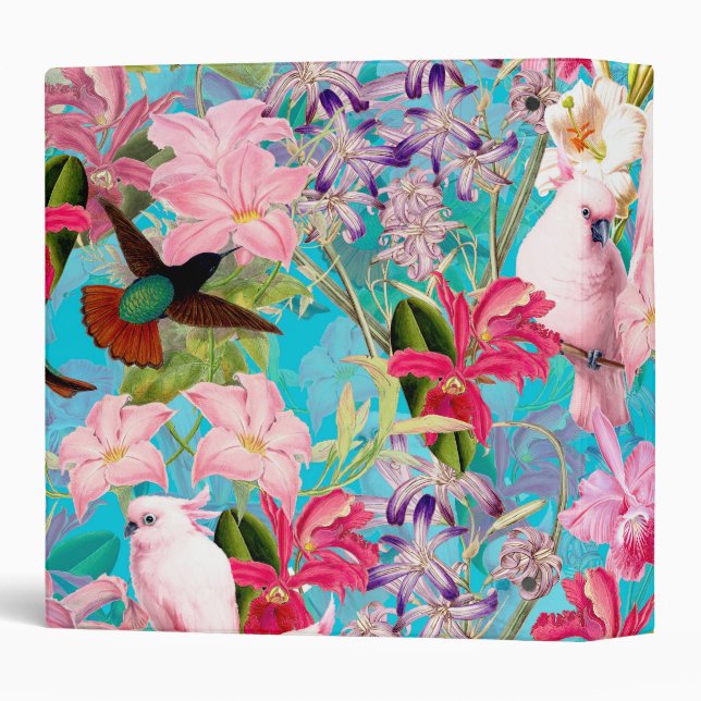 Pink Tropical Bird And Orchid Flower Pattern 3 Ring Binder (Back/Spine)