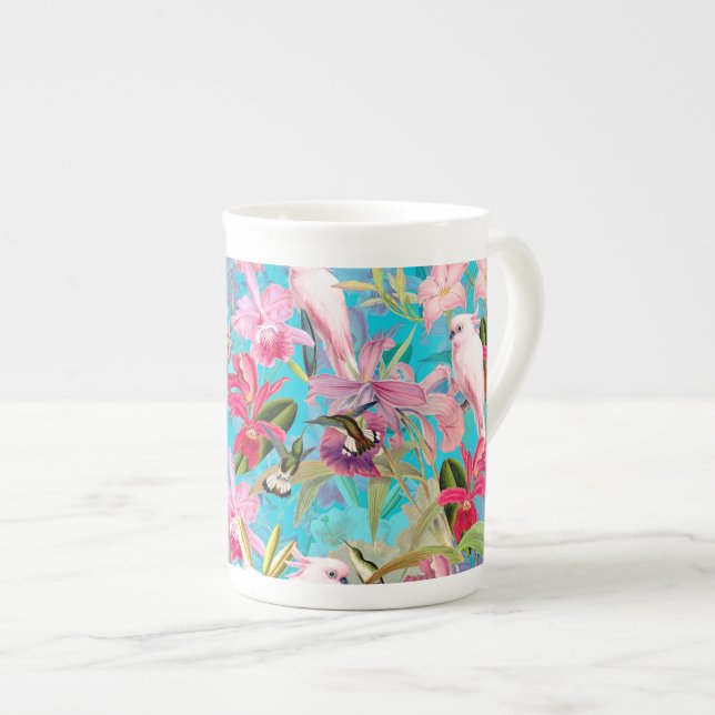 Pink Tropical Bird And Orchid Flower Pattern Bone China Mug (Front Right)