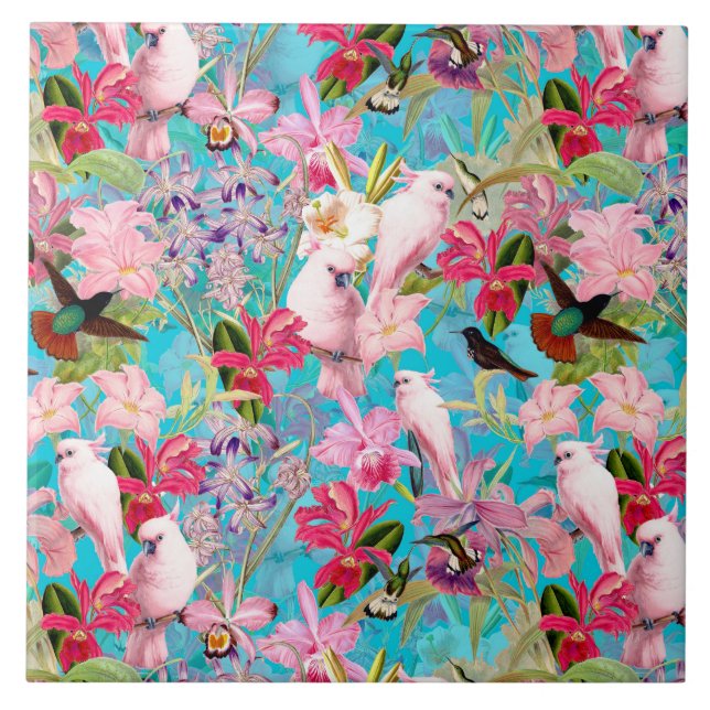 Pink Tropical Bird And Orchid Flower Pattern Ceramic Tile (Front)