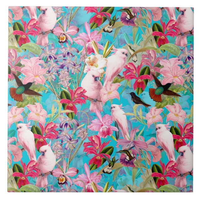 Pink Tropical Bird And Orchid Flower Pattern Ceramic Tile (Front)