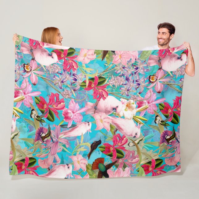 Pink Tropical Bird And Orchid Flower Pattern Fleece Blanket (In Situ)