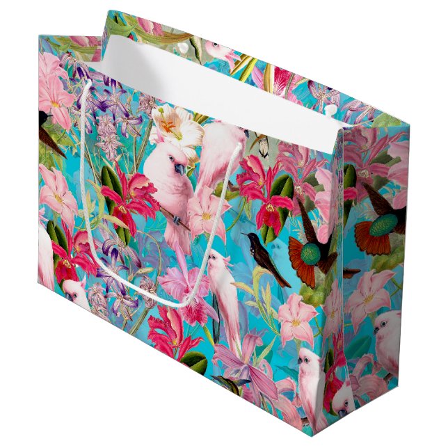 Pink Tropical Bird And Orchid Flower Pattern Large Gift Bag (Front Angled)