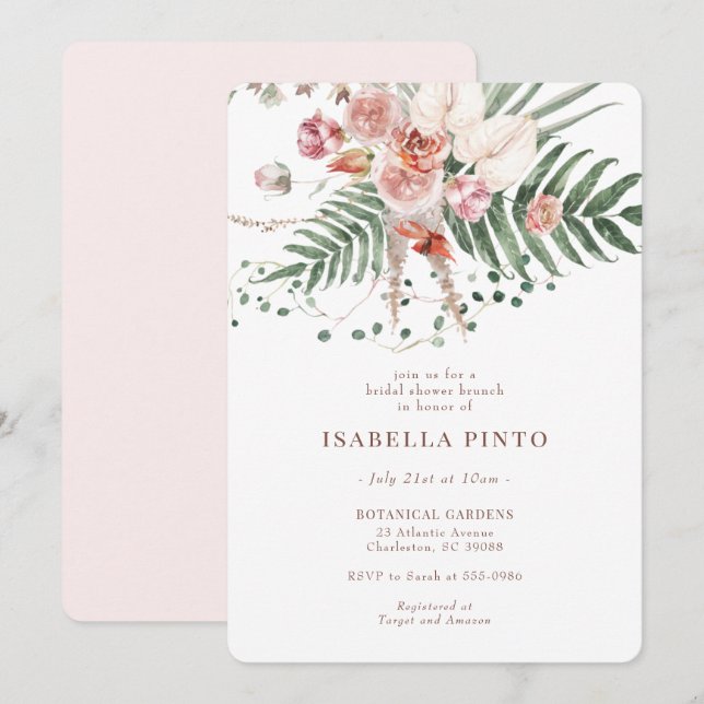 Pink Tropical Boho Floral Bridal Shower Invitation (Front/Back)
