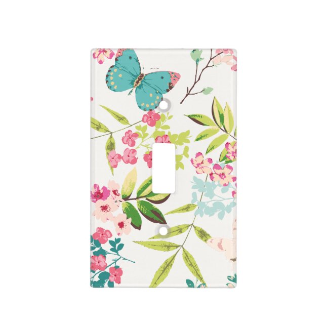Pink Tropical Butterfly Floral Girly Flower Print Light Switch Cover (Front)