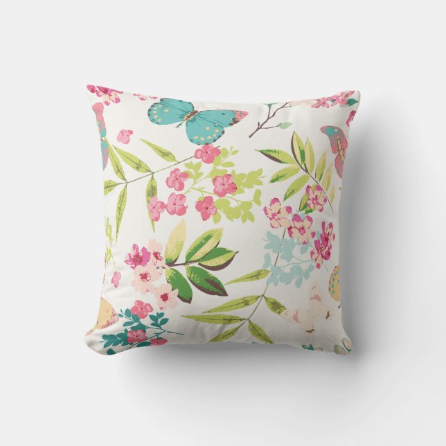 Pink Tropical Butterfly Floral Girly Flower Print Throw Pillow (Front)