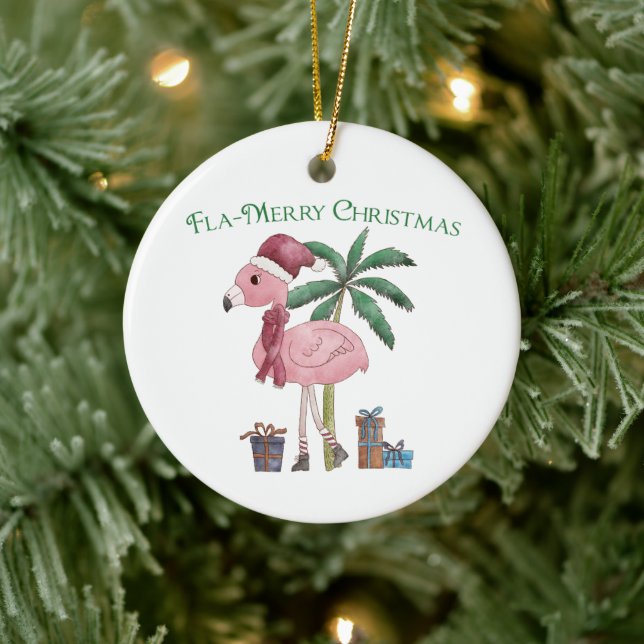 Pink Tropical Christmas Flamingo Ceramic Ornament (Tree)