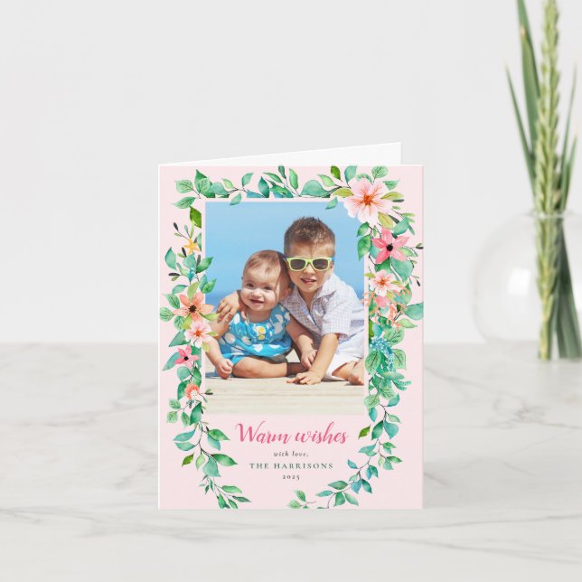 Pink Tropical Christmas Floral Holiday Photo Card (Front)
