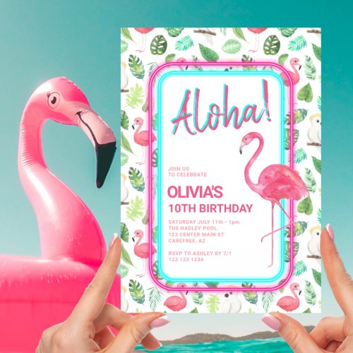 Pink Tropical Flamingo Aloha Birthday Invitation